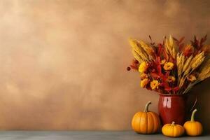 Thanksgiving day or autumn composition with pumpkin, oranges, leaves or chicken. Thanksgiving food concept by AI Generated photo