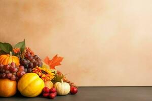 acción de gracias día o otoño composición con calabaza, naranjas, hojas o pollo. acción de gracias comida concepto por ai generado foto