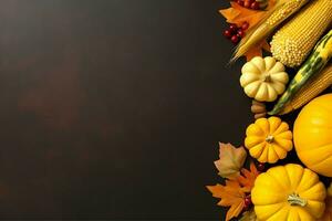 Thanksgiving day or autumn composition with pumpkin, oranges, leaves or chicken. Thanksgiving food concept by AI Generated photo