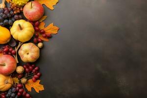 acción de gracias día o otoño composición con calabaza, naranjas, hojas o pollo. acción de gracias comida concepto por ai generado foto