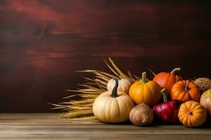 Thanksgiving day or autumn composition with pumpkin, oranges, leaves or chicken. Thanksgiving food concept by AI Generated photo