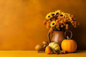 Thanksgiving day or autumn composition with pumpkin, oranges, leaves or chicken. Thanksgiving food concept by AI Generated photo