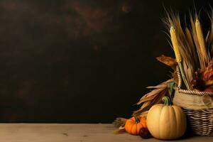 acción de gracias día o otoño composición con calabaza, naranjas, hojas o pollo. acción de gracias comida concepto por ai generado foto