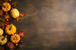 Thanksgiving day or autumn composition with pumpkin, oranges, leaves or chicken. Thanksgiving food concept by AI Generated photo