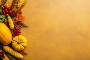 Thanksgiving day or autumn composition with pumpkin, oranges, leaves or chicken. Thanksgiving food concept by AI Generated photo