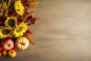 acción de gracias día o otoño composición con calabaza, naranjas, hojas o pollo. acción de gracias comida concepto por ai generado foto