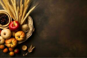 Thanksgiving day or autumn composition with pumpkin, oranges, leaves or chicken. Thanksgiving food concept by AI Generated photo