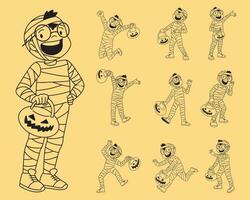 Boy wearing mummy costume character outline vector