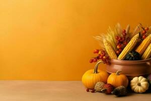 Thanksgiving day or autumn composition with pumpkin, oranges, leaves or chicken. Thanksgiving food concept by AI Generated photo