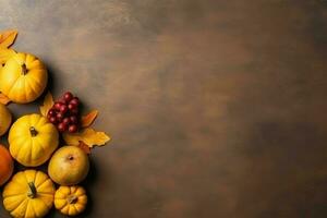 acción de gracias día o otoño composición con calabaza, naranjas, hojas o pollo. acción de gracias comida concepto por ai generado foto