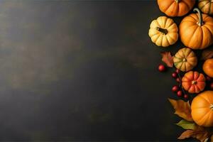 Thanksgiving day or autumn composition with pumpkin, oranges, leaves or chicken. Thanksgiving food concept by AI Generated photo