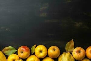 acción de gracias día o otoño composición con calabaza, naranjas, hojas o pollo. acción de gracias comida concepto por ai generado foto