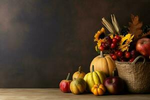 acción de gracias día o otoño composición con calabaza, naranjas, hojas o pollo. acción de gracias comida concepto por ai generado foto