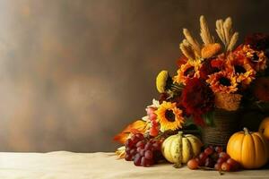 acción de gracias día o otoño composición con calabaza, naranjas, hojas o pollo. acción de gracias comida concepto por ai generado foto