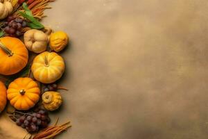 Thanksgiving day or autumn composition with pumpkin, oranges, leaves or chicken. Thanksgiving food concept by AI Generated photo