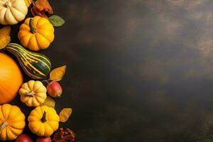 Thanksgiving day or autumn composition with pumpkin, oranges, leaves or chicken. Thanksgiving food concept by AI Generated photo