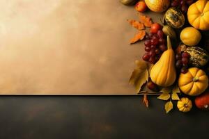 Thanksgiving day or autumn composition with pumpkin, oranges, leaves or chicken. Thanksgiving food concept by AI Generated photo