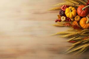 Thanksgiving day or autumn composition with pumpkin, oranges, leaves or chicken. Thanksgiving food concept by AI Generated photo