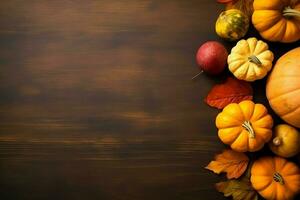 Thanksgiving day or autumn composition with pumpkin, oranges, leaves or chicken. Thanksgiving food concept by AI Generated photo