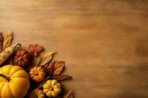 Thanksgiving day or autumn composition with pumpkin, oranges, leaves or chicken. Thanksgiving food concept by AI Generated photo