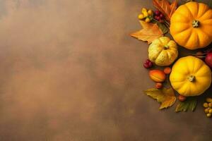 Thanksgiving day or autumn composition with pumpkin, oranges, leaves or chicken. Thanksgiving food concept by AI Generated photo