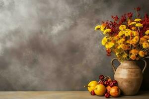 Thanksgiving day or autumn composition with pumpkin, oranges, leaves or chicken. Thanksgiving food concept by AI Generated photo