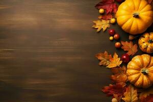 Thanksgiving day or autumn composition with pumpkin, oranges, leaves or chicken. Thanksgiving food concept by AI Generated photo