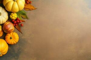 Thanksgiving day or autumn composition with pumpkin, oranges, leaves or chicken. Thanksgiving food concept by AI Generated photo