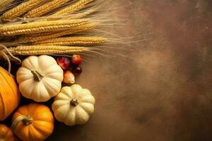 acción de gracias día o otoño composición con calabaza, naranjas, hojas o pollo. acción de gracias comida concepto por ai generado foto