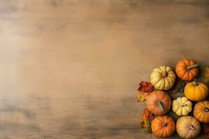 Thanksgiving day or autumn composition with pumpkin, oranges, leaves or chicken. Thanksgiving food concept by AI Generated photo