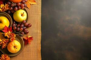 Thanksgiving day or autumn composition with pumpkin, oranges, leaves or chicken. Thanksgiving food concept by AI Generated photo