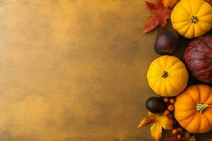 Thanksgiving day or autumn composition with pumpkin, oranges, leaves or chicken. Thanksgiving food concept by AI Generated photo