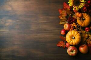 Thanksgiving day or autumn composition with pumpkin, oranges, leaves or chicken. Thanksgiving food concept by AI Generated photo