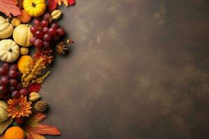 Thanksgiving day or autumn composition with pumpkin, oranges, leaves or chicken. Thanksgiving food concept by AI Generated photo