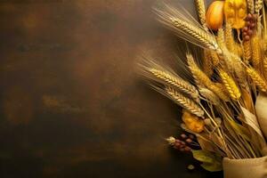 Thanksgiving day or autumn composition with pumpkin, oranges, leaves or chicken. Thanksgiving food concept by AI Generated photo