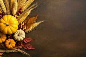 Thanksgiving day or autumn composition with pumpkin, oranges, leaves or chicken. Thanksgiving food concept by AI Generated photo