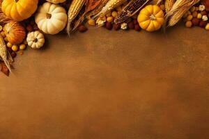 Thanksgiving day or autumn composition with pumpkin, oranges, leaves or chicken. Thanksgiving food concept by AI Generated photo