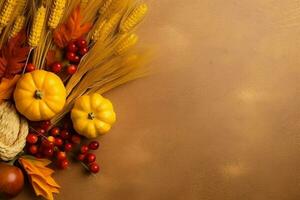 Thanksgiving day or autumn composition with pumpkin, oranges, leaves or chicken. Thanksgiving food concept by AI Generated photo