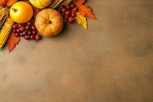 Thanksgiving day or autumn composition with pumpkin, oranges, leaves or chicken. Thanksgiving food concept by AI Generated photo