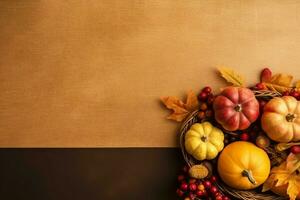 Thanksgiving day or autumn composition with pumpkin, oranges, leaves or chicken. Thanksgiving food concept by AI Generated photo