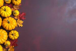 acción de gracias día o otoño composición con calabaza, naranjas, hojas o pollo. acción de gracias comida concepto por ai generado foto