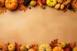 Thanksgiving day or autumn composition with pumpkin, oranges, leaves or chicken. Thanksgiving food concept by AI Generated photo