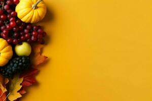 Thanksgiving day or autumn composition with pumpkin, oranges, leaves or chicken. Thanksgiving food concept by AI Generated photo