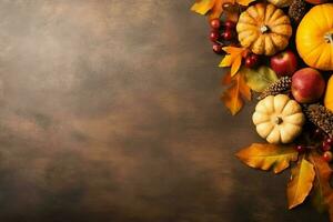 Thanksgiving day or autumn composition with pumpkin, oranges, leaves or chicken. Thanksgiving food concept by AI Generated photo