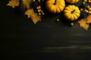 Thanksgiving day or autumn composition with pumpkin, oranges, leaves or chicken. Thanksgiving food concept by AI Generated photo