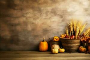 acción de gracias día o otoño composición con calabaza, naranjas, hojas o pollo. acción de gracias comida concepto por ai generado foto