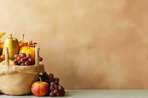 acción de gracias día o otoño composición con calabaza, naranjas, hojas o pollo. acción de gracias comida concepto por ai generado foto