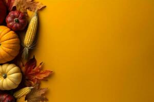 Thanksgiving day or autumn composition with pumpkin, oranges, leaves or chicken. Thanksgiving food concept by AI Generated photo