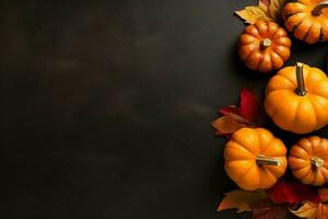 Thanksgiving day or autumn composition with pumpkin, oranges, leaves or chicken. Thanksgiving food concept by AI Generated photo