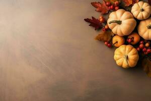 Thanksgiving day or autumn composition with pumpkin, oranges, leaves or chicken. Thanksgiving food concept by AI Generated photo